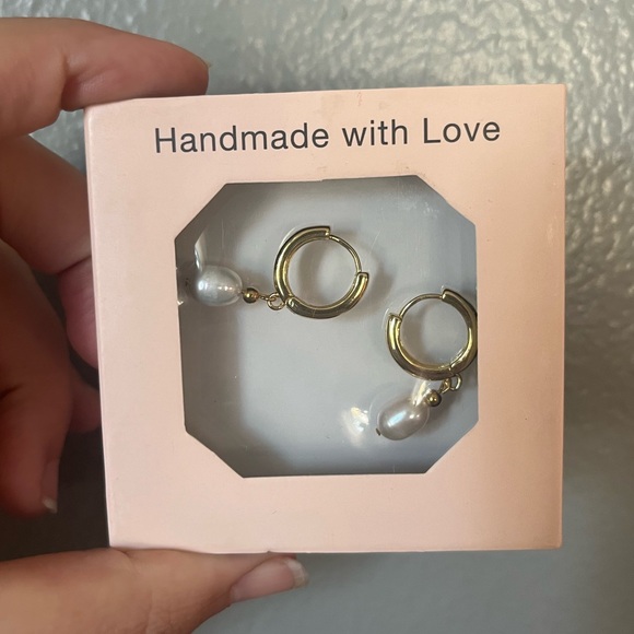 Jewelry - Handmade Gold plated Hoop Earrings with White freshwater Pearl Drops